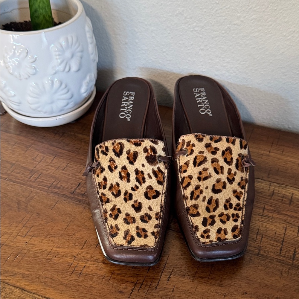 Franco Sarto Leopard Print Slip-On Mules in‎ Brown